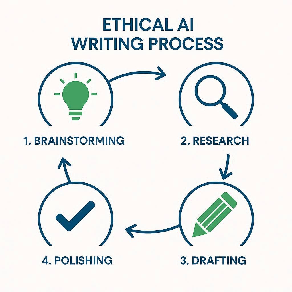 4-step ethical framework for using AI essay writers: Brainstorming, Research, Drafting, Polishing.