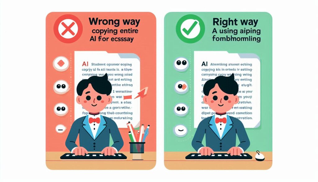 Wrong way (copy-pasting) vs right way (ethical use) to use AI essay writing tools.