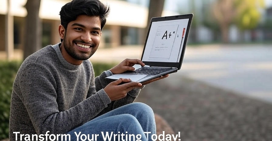 College student achieving academic success using AI writing tools ethically.