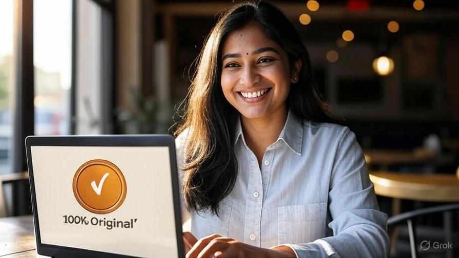 Confident writer using AI tools ethically for 100% original content | Paraphrasing success