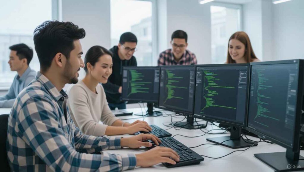 Students collaborating with an AI code assistant for beginners