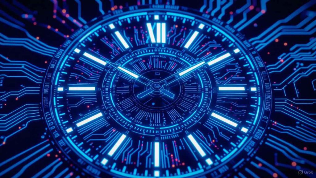 Futuristic and smart AI Pomodoro timer with glowing circuits.