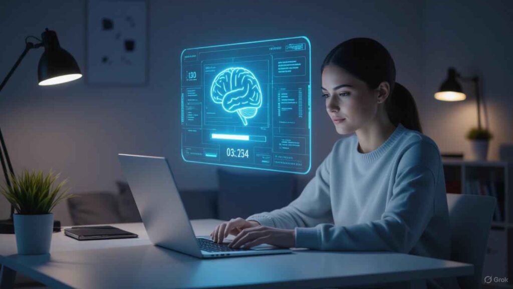 A student using an AI Pomodoro timer to study effectively.