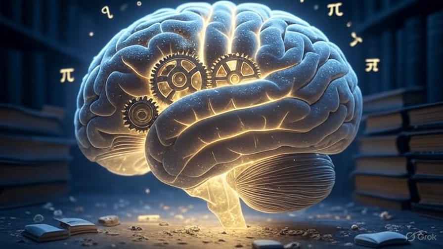 "AI exam preparation app illustration showing brain with gears, books, and math symbols for smart learning"