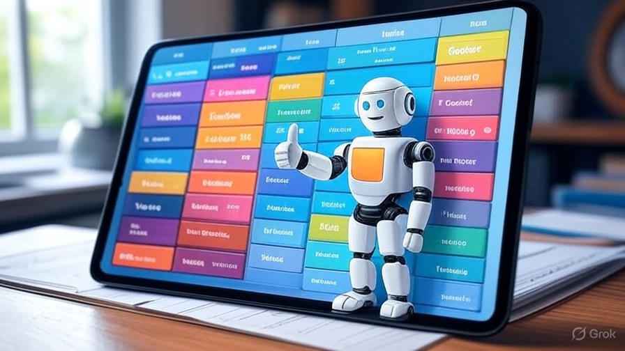 "AI study planner app interface on tablet with color-coded subjects and personalized schedule"