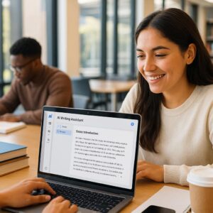 Best AI essay writer for college students - Diverse group in university library using AI writing tools for academic success