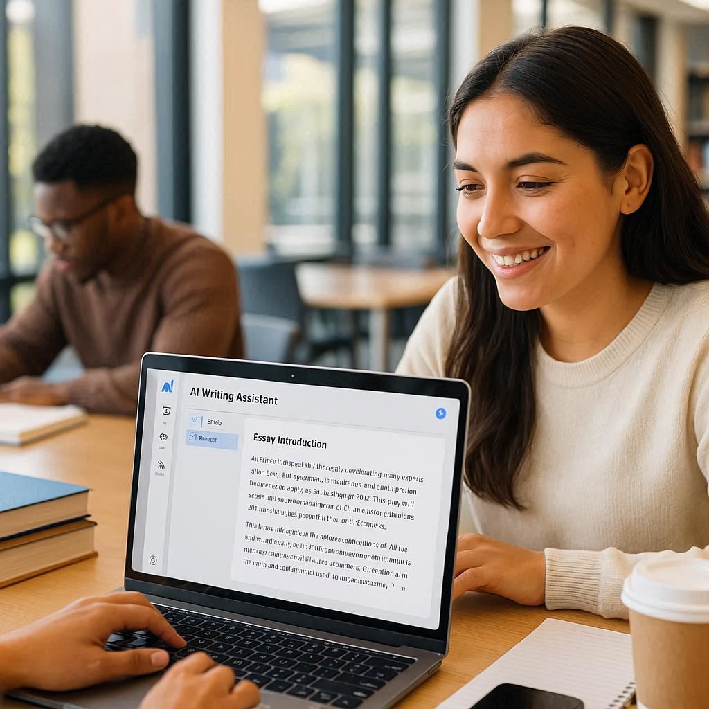 Best AI essay writer for college students - Diverse group in university library using AI writing tools for academic success