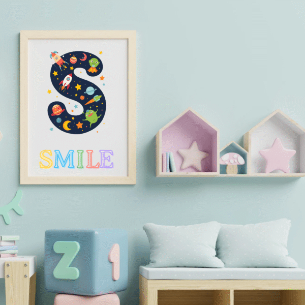 s is for smile nursery wall art | space theme kids room print | 8x10" baby room decor