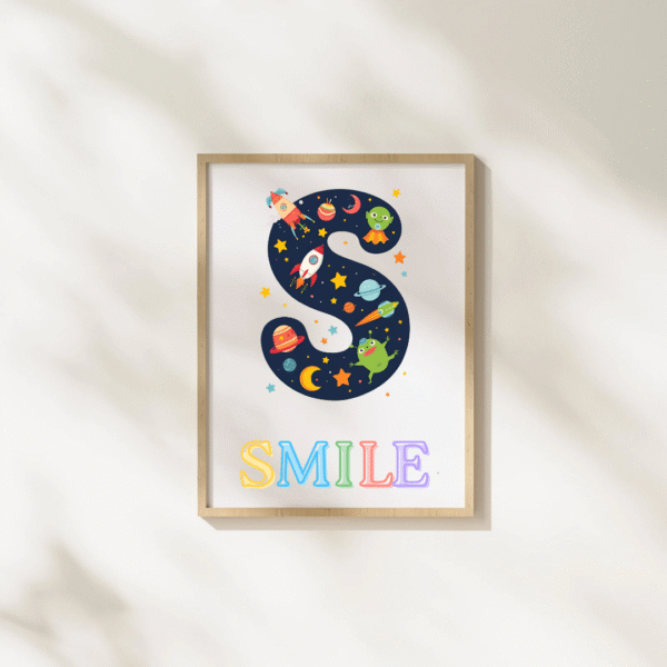 s is for smile nursery wall art | space theme kids room print | 8x10" baby room decor